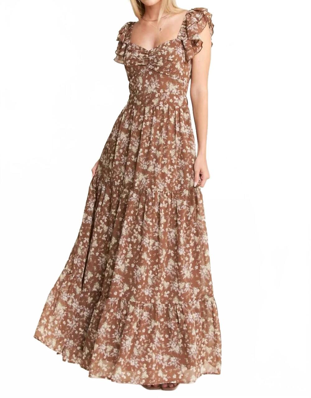 NEW JADE BY JANE ruffle sleeve tiered maxi dress in mocha
